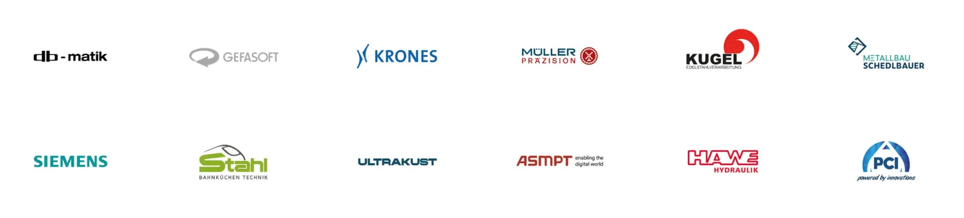 Kundenlogos: Siemens, Krones, HAWE Hydraulik, ASMPT, PCI, und weitere