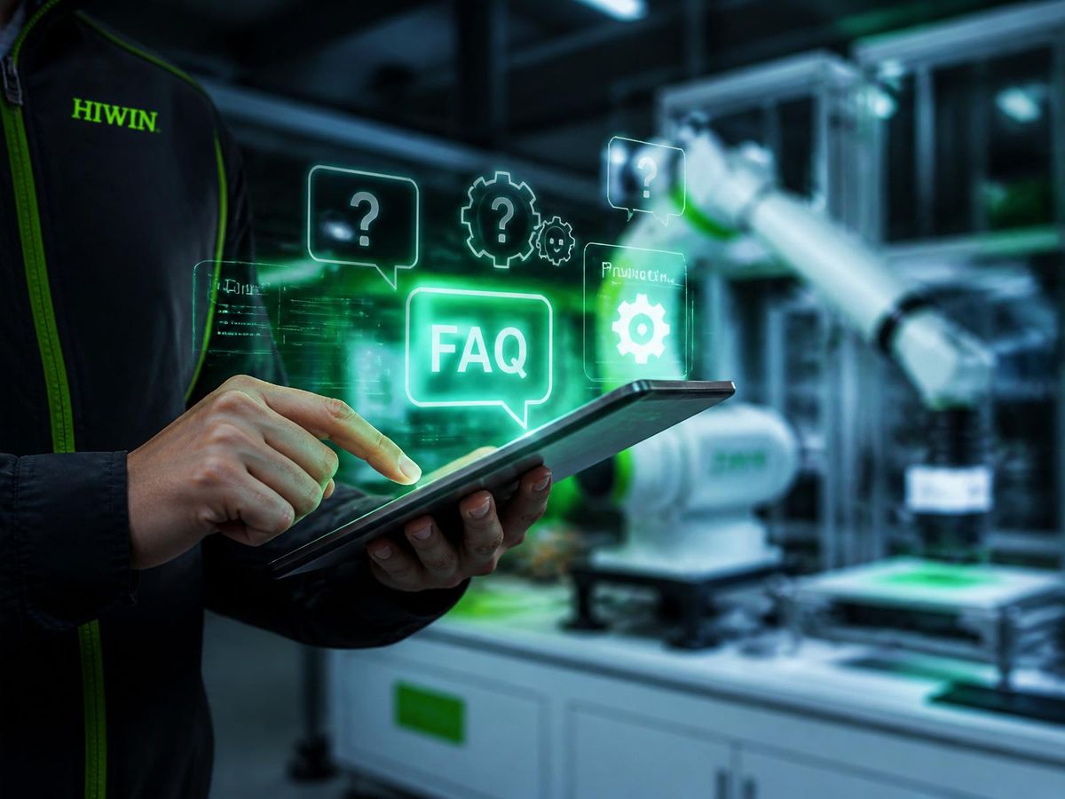 Ingenieur mit Tablet und FAQ-Overlay vor modularer Roboterzelle